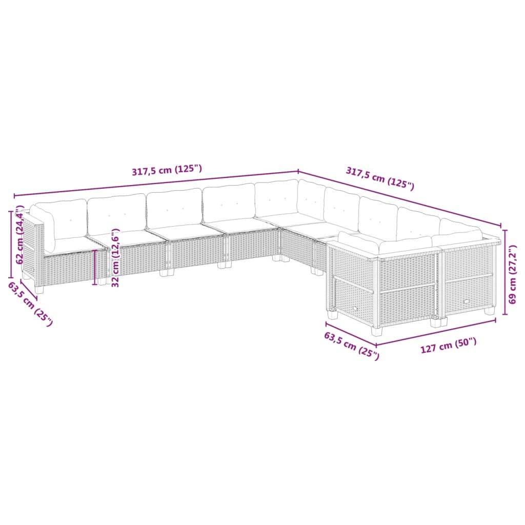 vidaXL 10-tlg. Garten-Sofagarnitur mit Kissen Schwarz Poly Rattan
