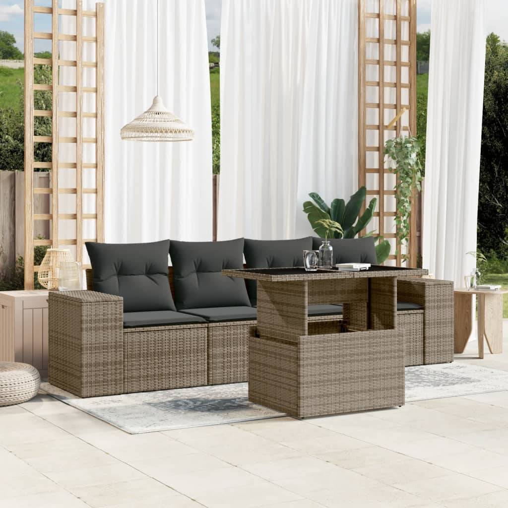vidaXL 5-tlg. Garten-Sofagarnitur mit Kissen Grau Poly Rattan