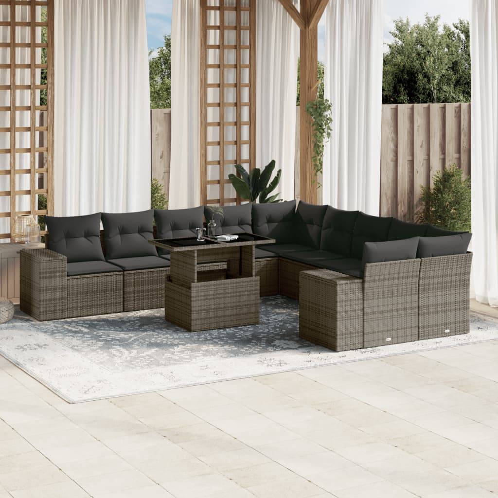 vidaXL 11-tlg. Garten-Sofagarnitur mit Kissen Grau Poly Rattan