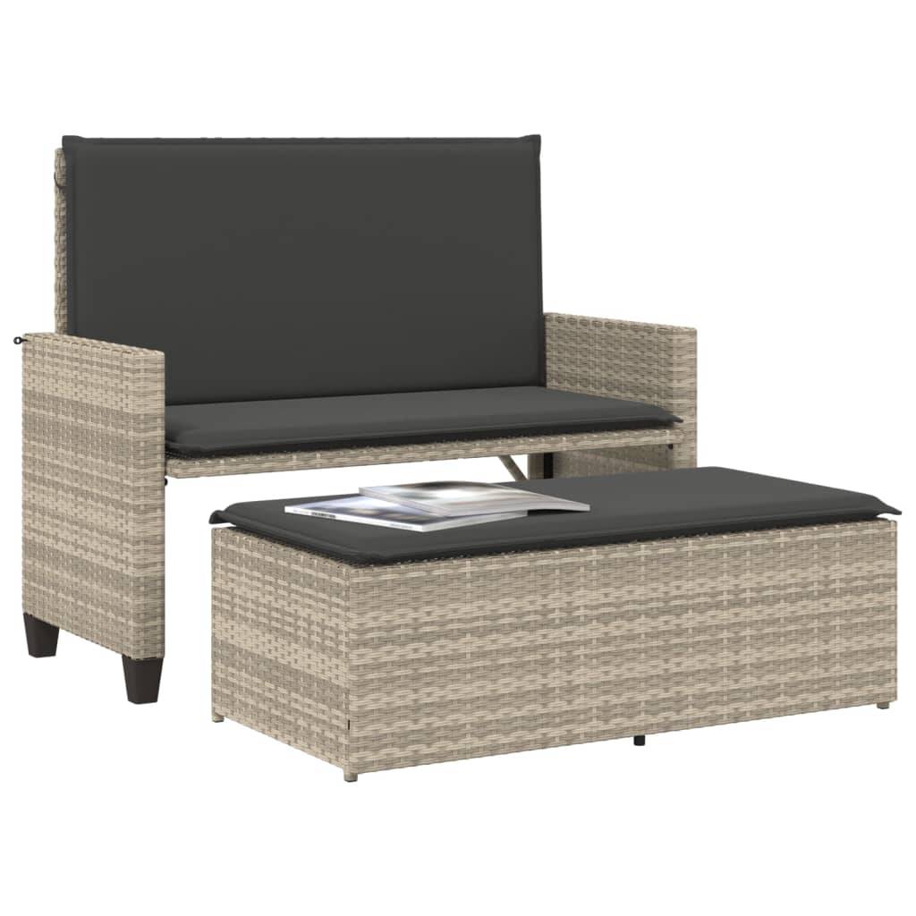 vidaXL Gartenbank mit Kissen und Hocker Hellgrau Poly Rattan