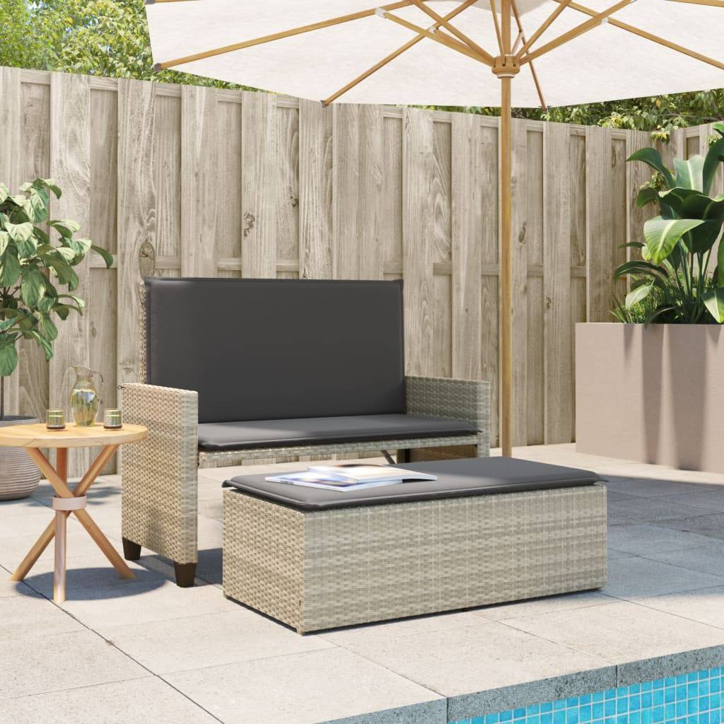vidaXL Gartenbank mit Kissen und Hocker Hellgrau Poly Rattan