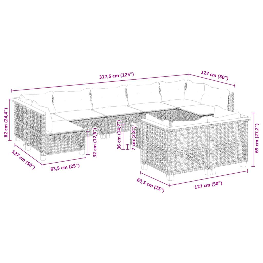 vidaXL 10-tlg. Garten-Sofagarnitur mit Kissen Schwarz Poly Rattan