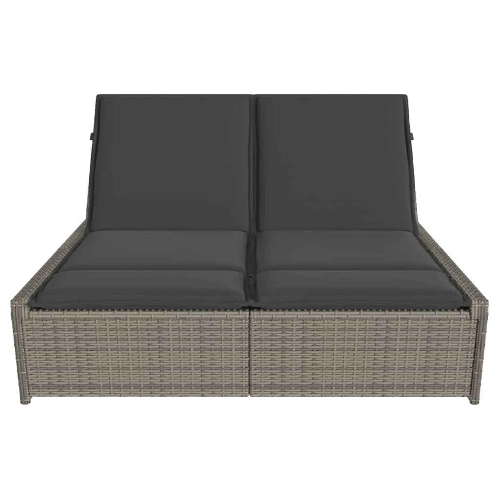 vidaXL Doppel-Sonnenliege mit Kissen Grau Poly Rattan