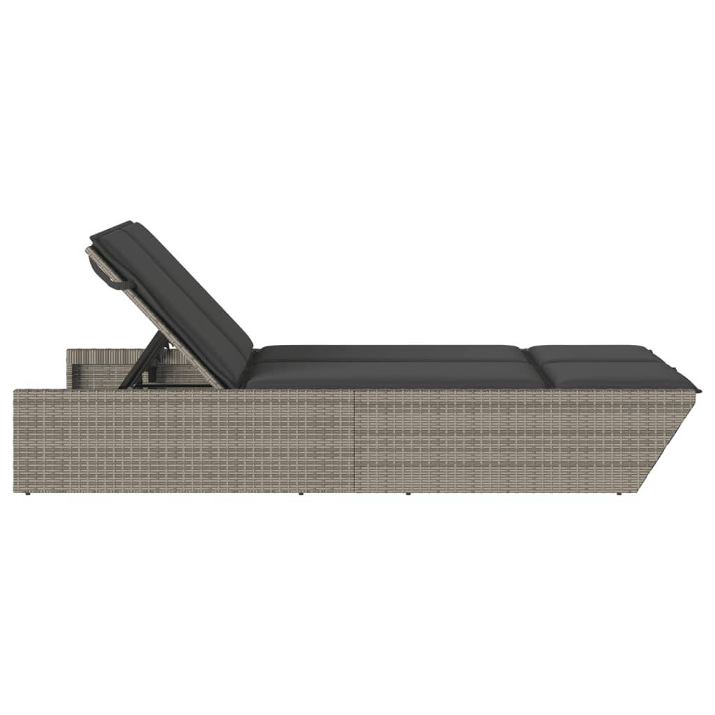 vidaXL Doppel-Sonnenliege mit Kissen Grau Poly Rattan