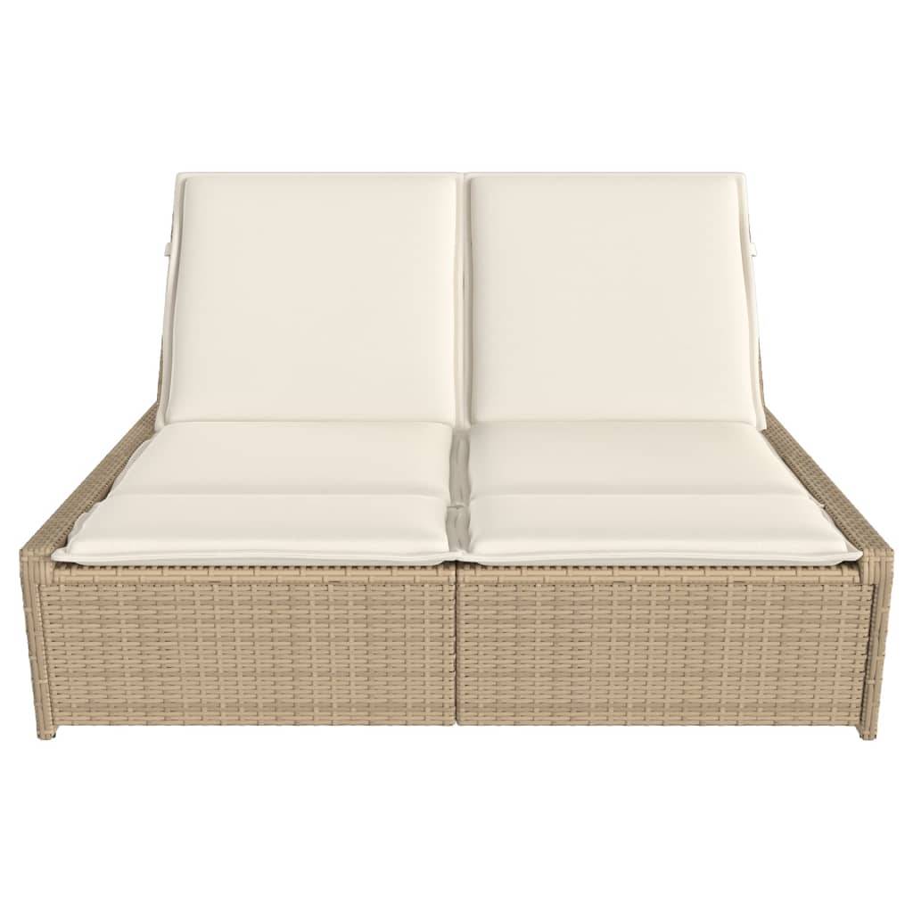 vidaXL Doppel-Sonnenliege mit Auflagen Beige Poly Rattan