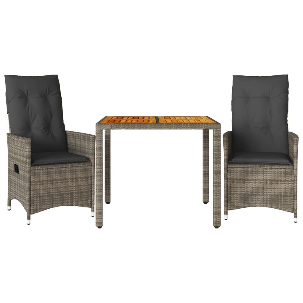vidaXL 3-tlg. Bistro-Set mit Kissen Grau Poly Rattan