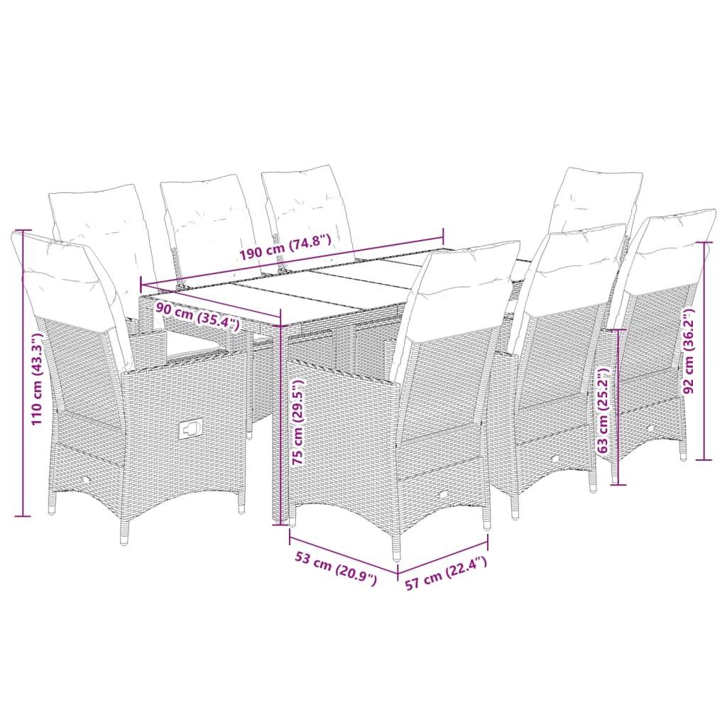 vidaXL 9-tlg. Garten-Essgruppe mit Kissen Grau Poly Rattan