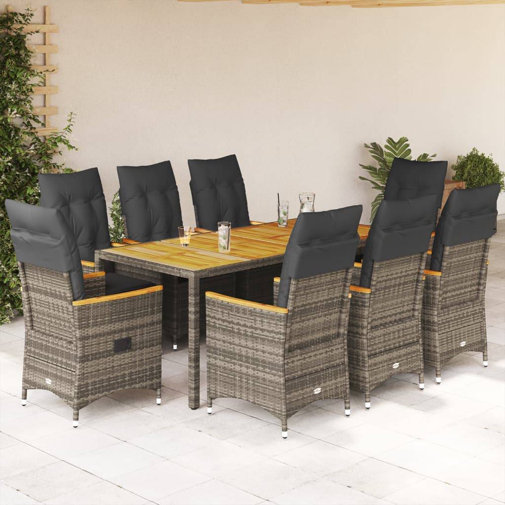 vidaXL 9-tlg. Garten-Essgruppe mit Kissen Grau Poly Rattan