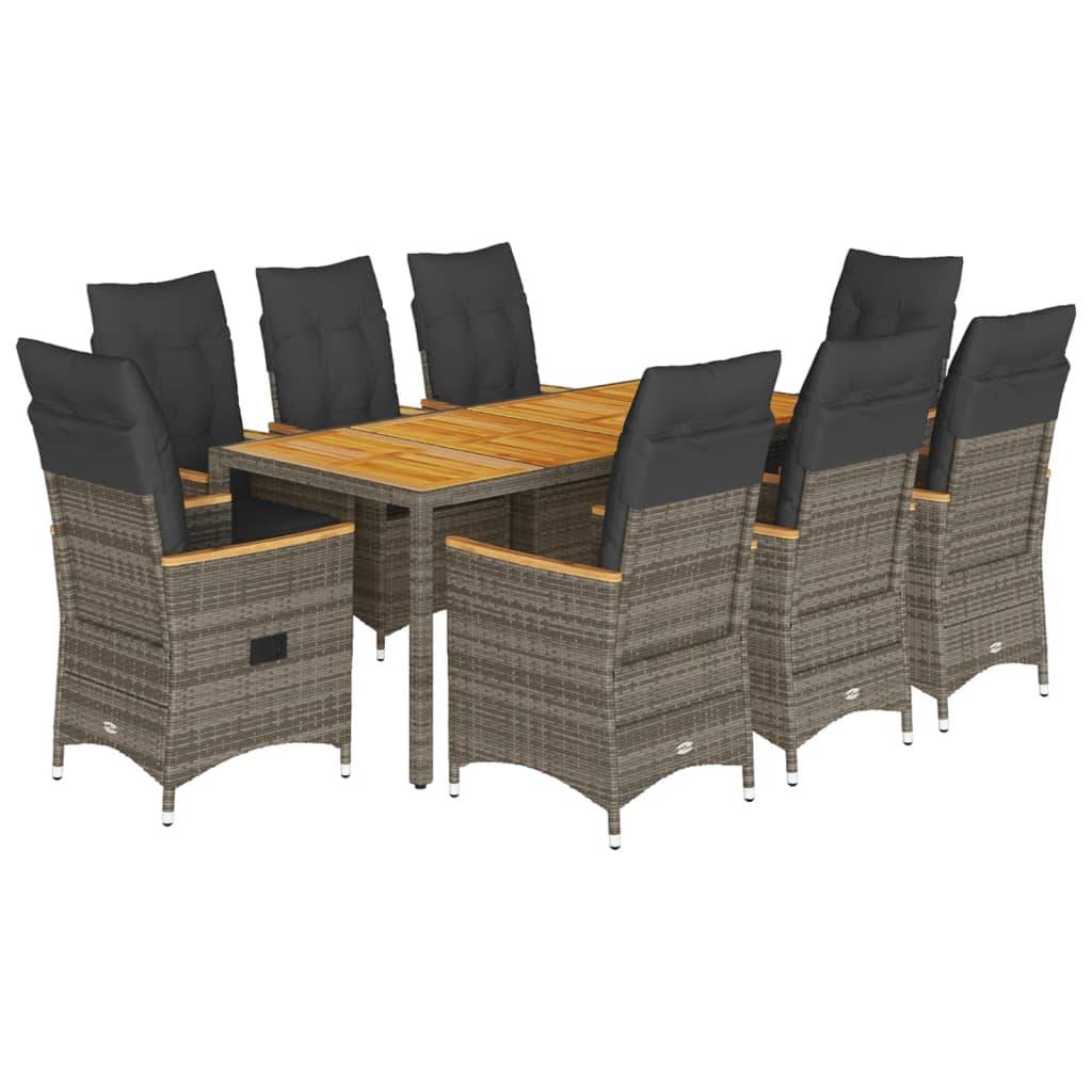 vidaXL 9-tlg. Garten-Essgruppe mit Kissen Grau Poly Rattan