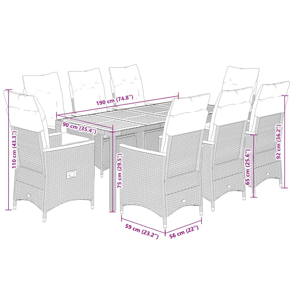 vidaXL 9-tlg. Garten-Essgruppe mit Kissen Grau Poly Rattan