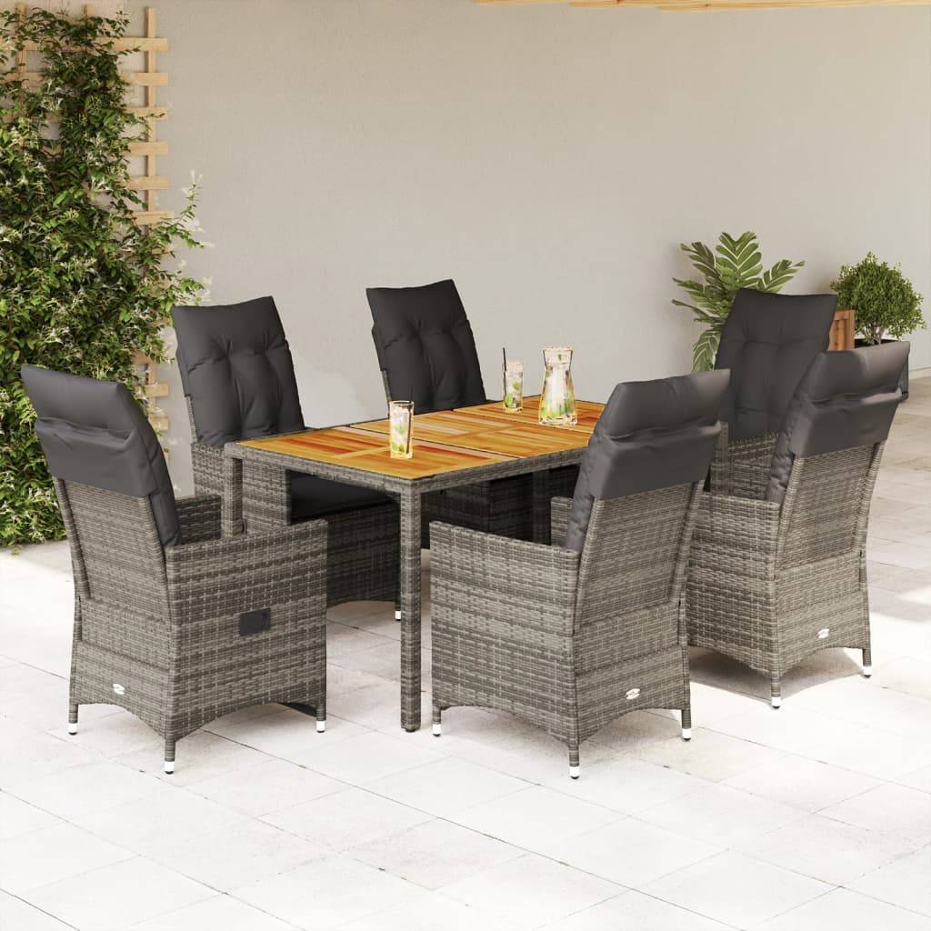 vidaXL 7-tlg. Garten-Essgruppe mit Kissen Grau Poly Rattan