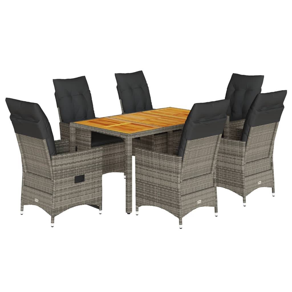 vidaXL 7-tlg. Garten-Essgruppe mit Kissen Grau Poly Rattan