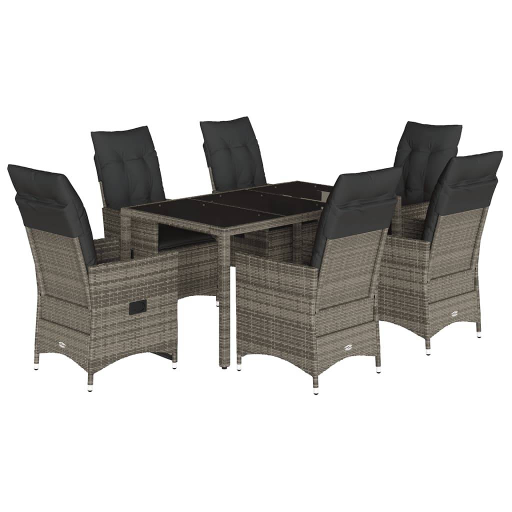 vidaXL 7-tlg. Garten-Essgruppe mit Kissen Grau Poly Rattan