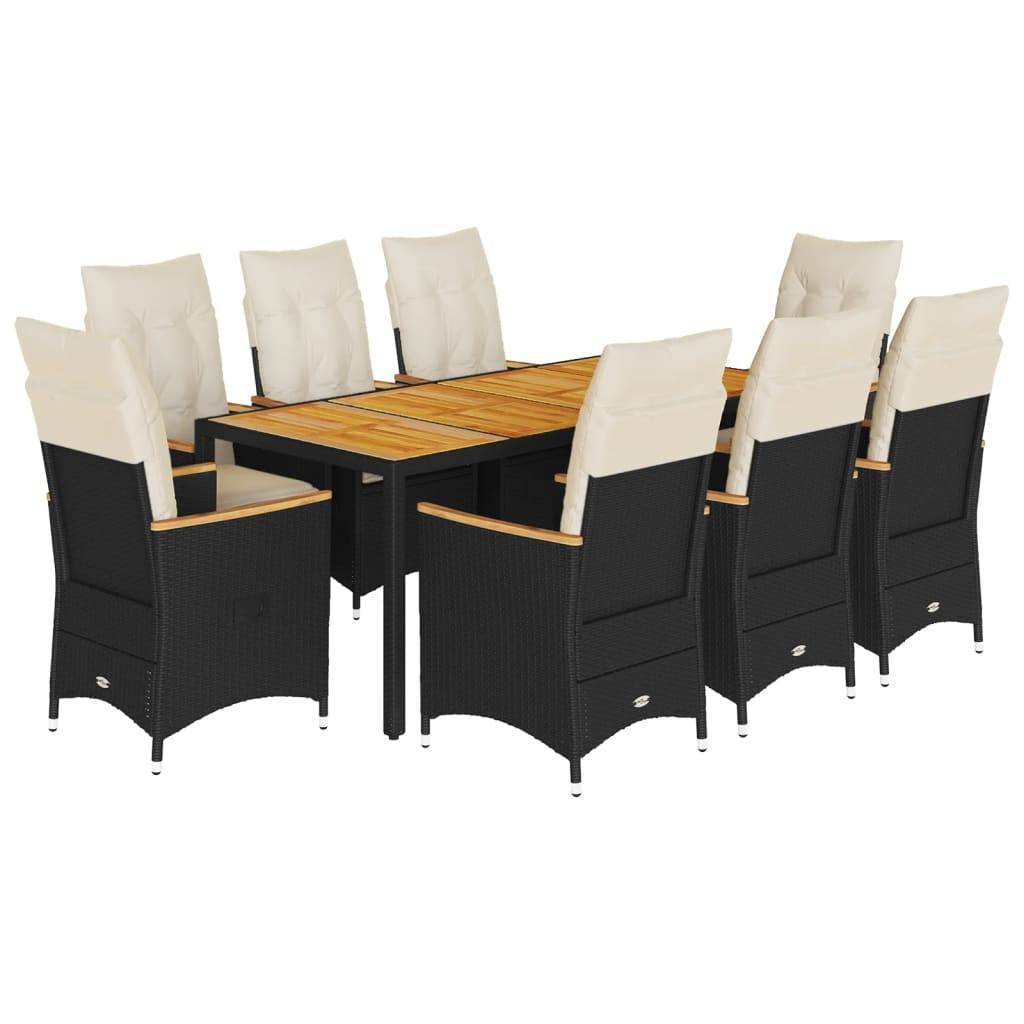 vidaXL 9-tlg. Garten-Essgruppe mit Kissen Schwarz Poly Rattan