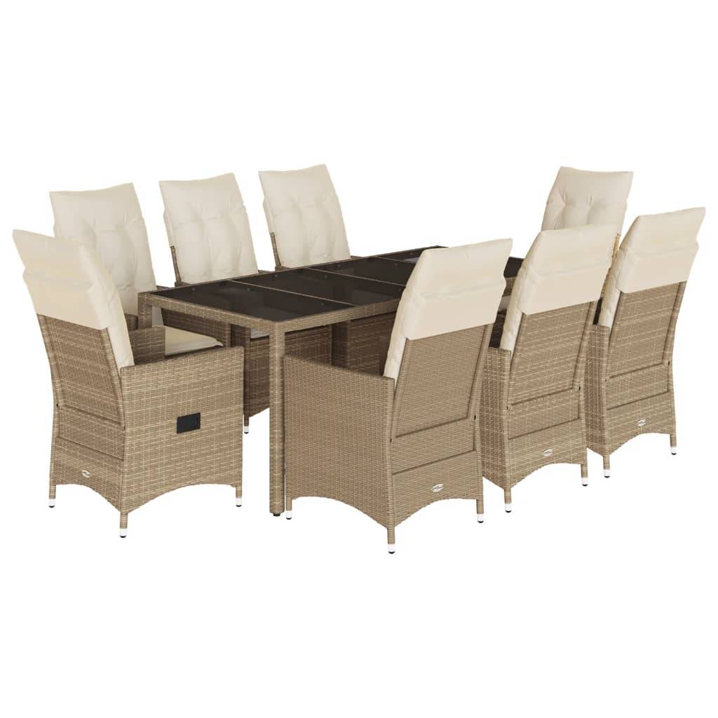 vidaXL 9-tlg. Garten-Essgruppe mit Kissen Beige Poly Rattan