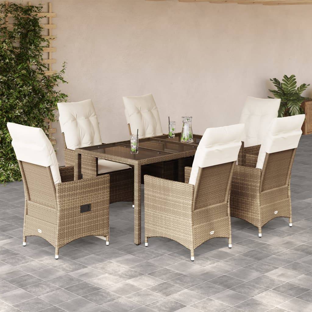 vidaXL 7-tlg. Garten-Essgruppe mit Kissen Beige Poly Rattan