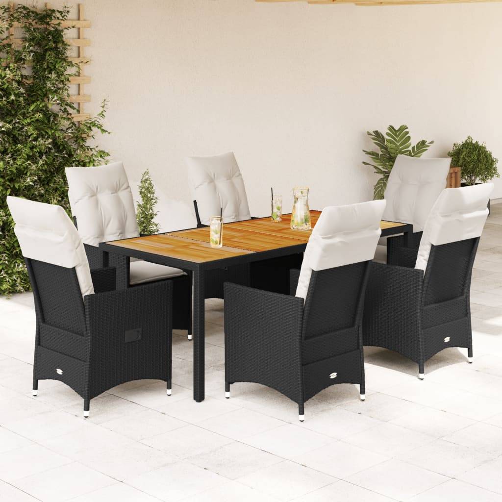 vidaXL 7-tlg. Garten-Essgruppe mit Kissen Schwarz Poly Rattan