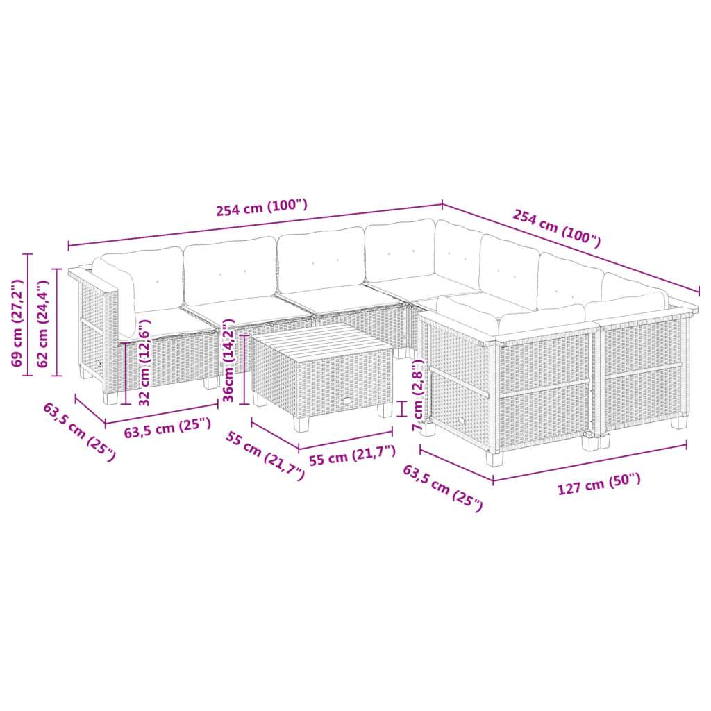 vidaXL 9-tlg. Garten-Sofagarnitur mit Kissen Schwarz Poly Rattan