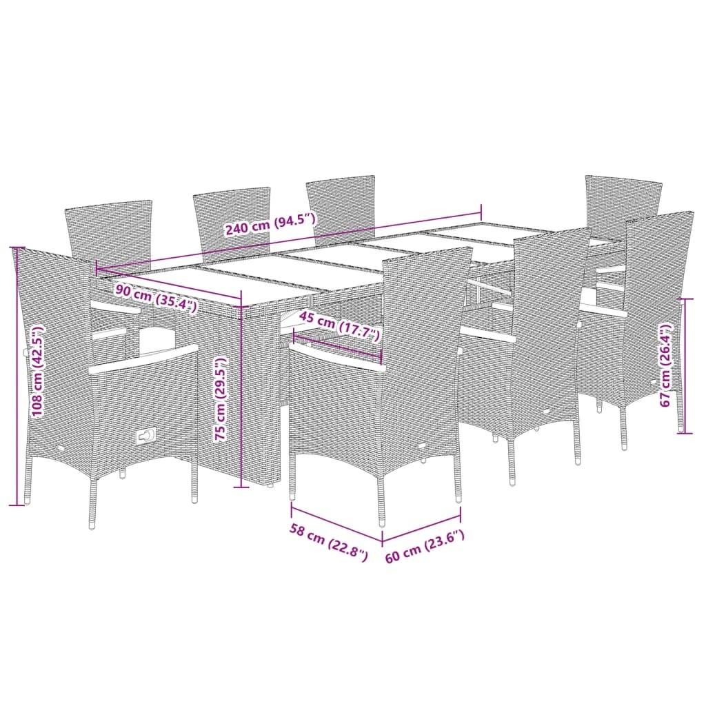vidaXL 9-tlg. Garten-Essgruppe mit Kissen Grau Poly Rattan