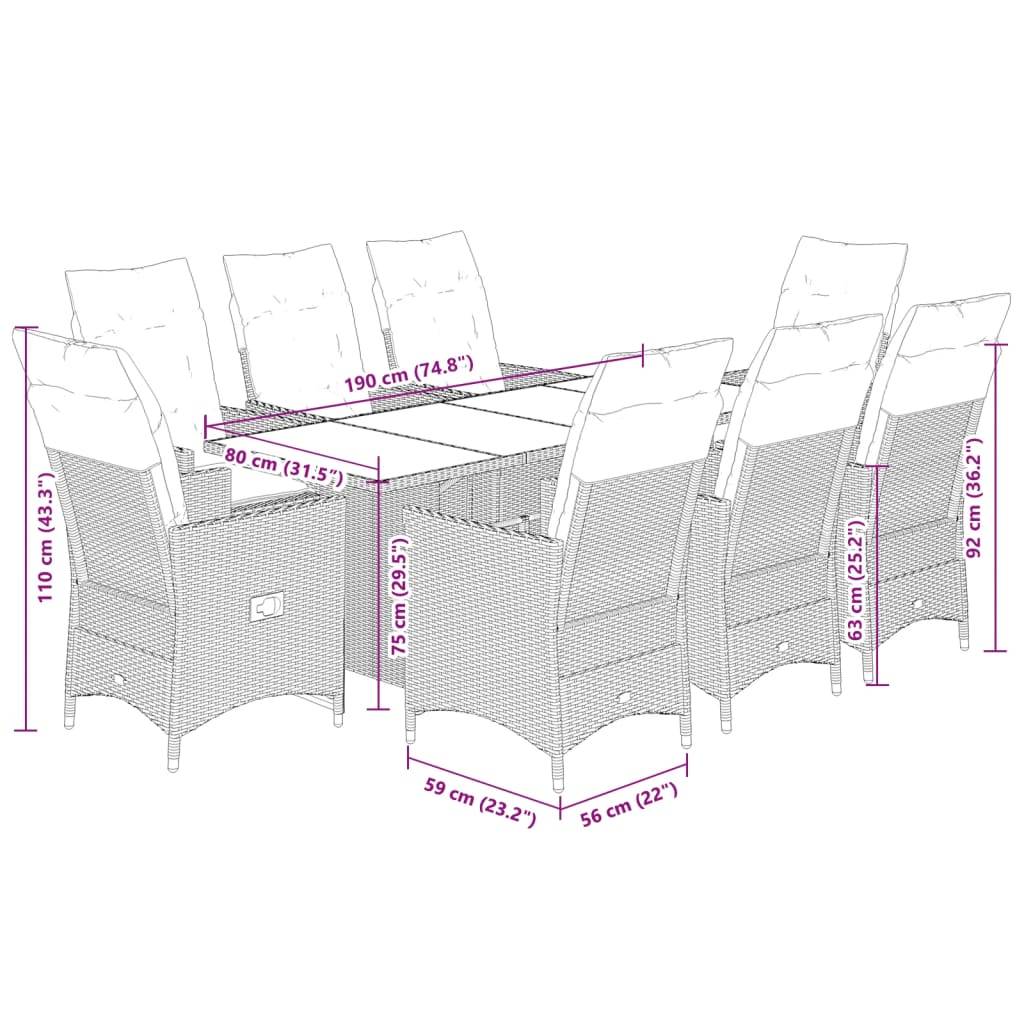 vidaXL 9-tlg. Garten-Essgruppe mit Kissen Schwarz Poly Rattan
