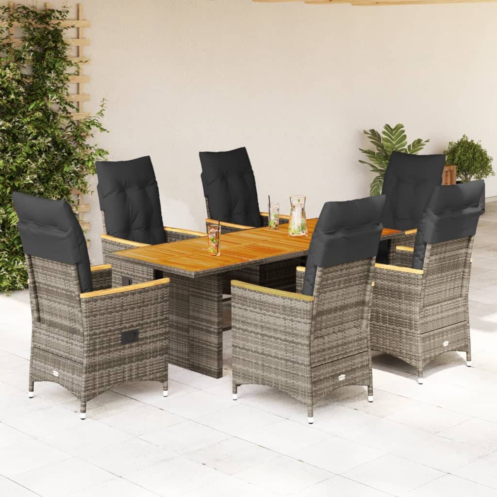 vidaXL 7-tlg. Garten-Essgruppe mit Kissen Grau Poly Rattan