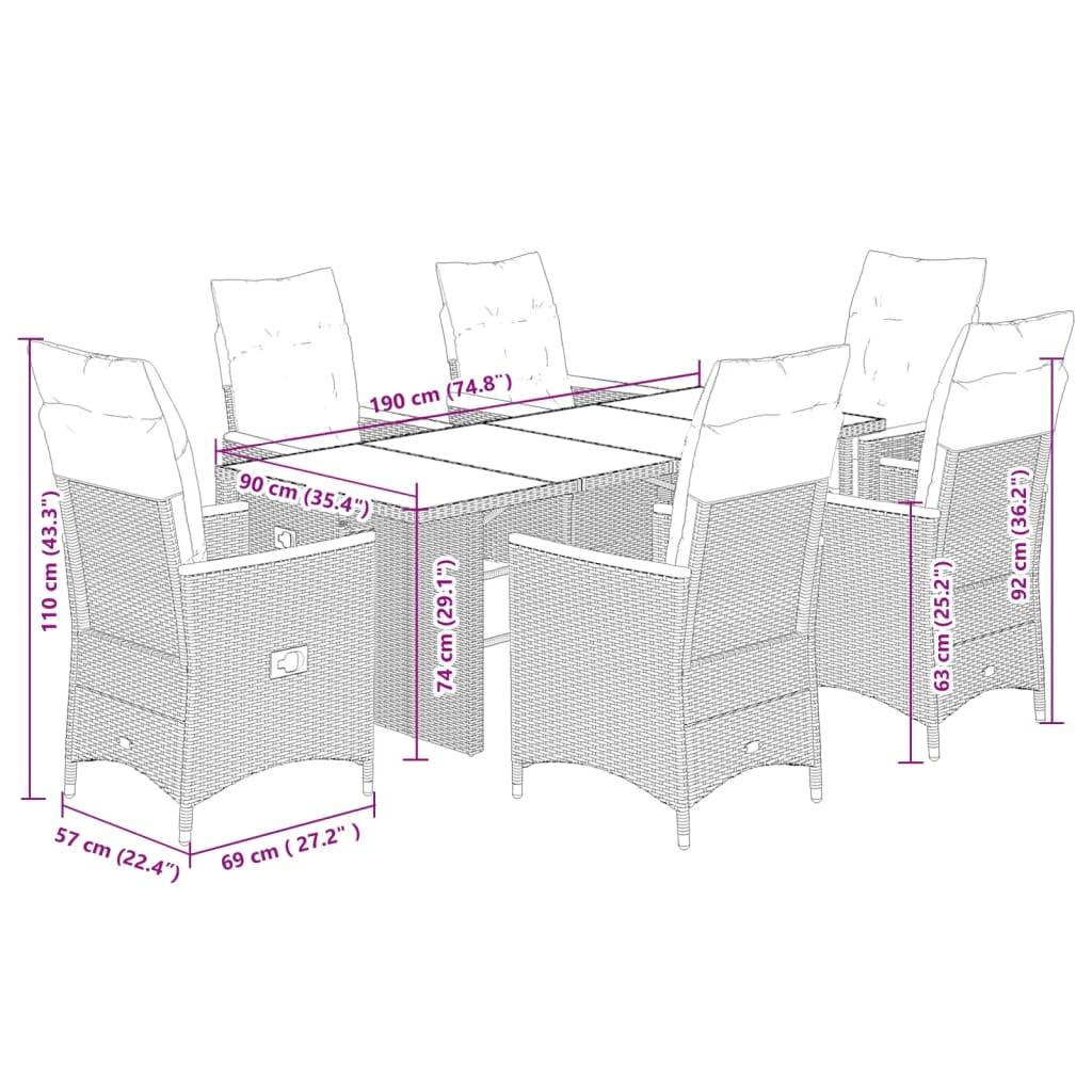 vidaXL 7-tlg. Garten-Essgruppe mit Kissen Grau Poly Rattan