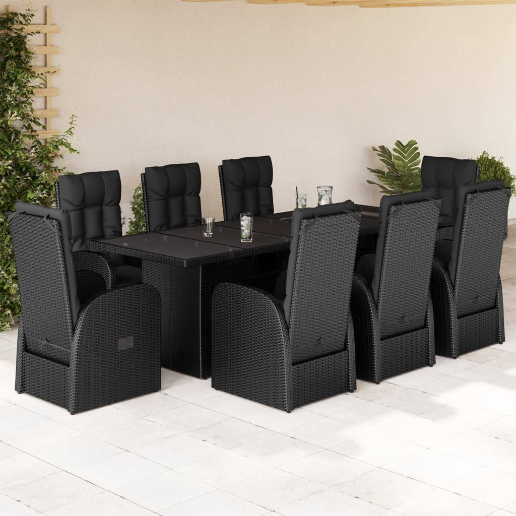 vidaXL 9-tlg. Garten-Essgruppe mit Kissen Schwarz Poly Rattan
