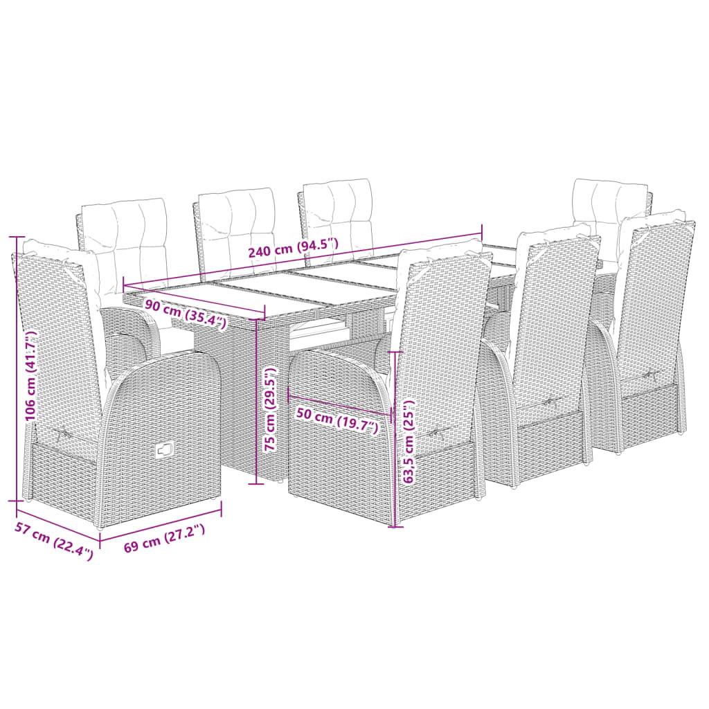 vidaXL 9-tlg. Garten-Essgruppe mit Kissen Schwarz Poly Rattan