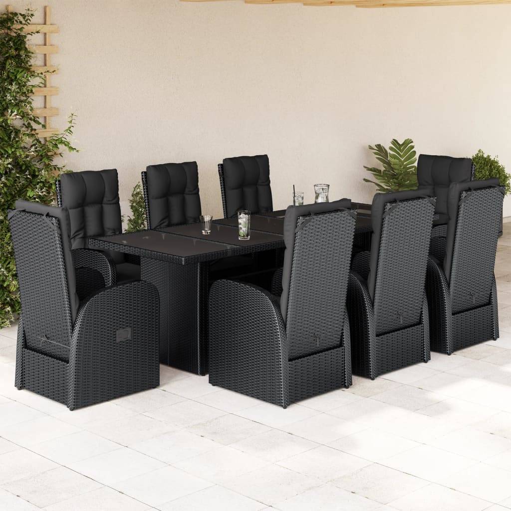 vidaXL 9-tlg. Garten-Essgruppe mit Kissen Schwarz Poly Rattan