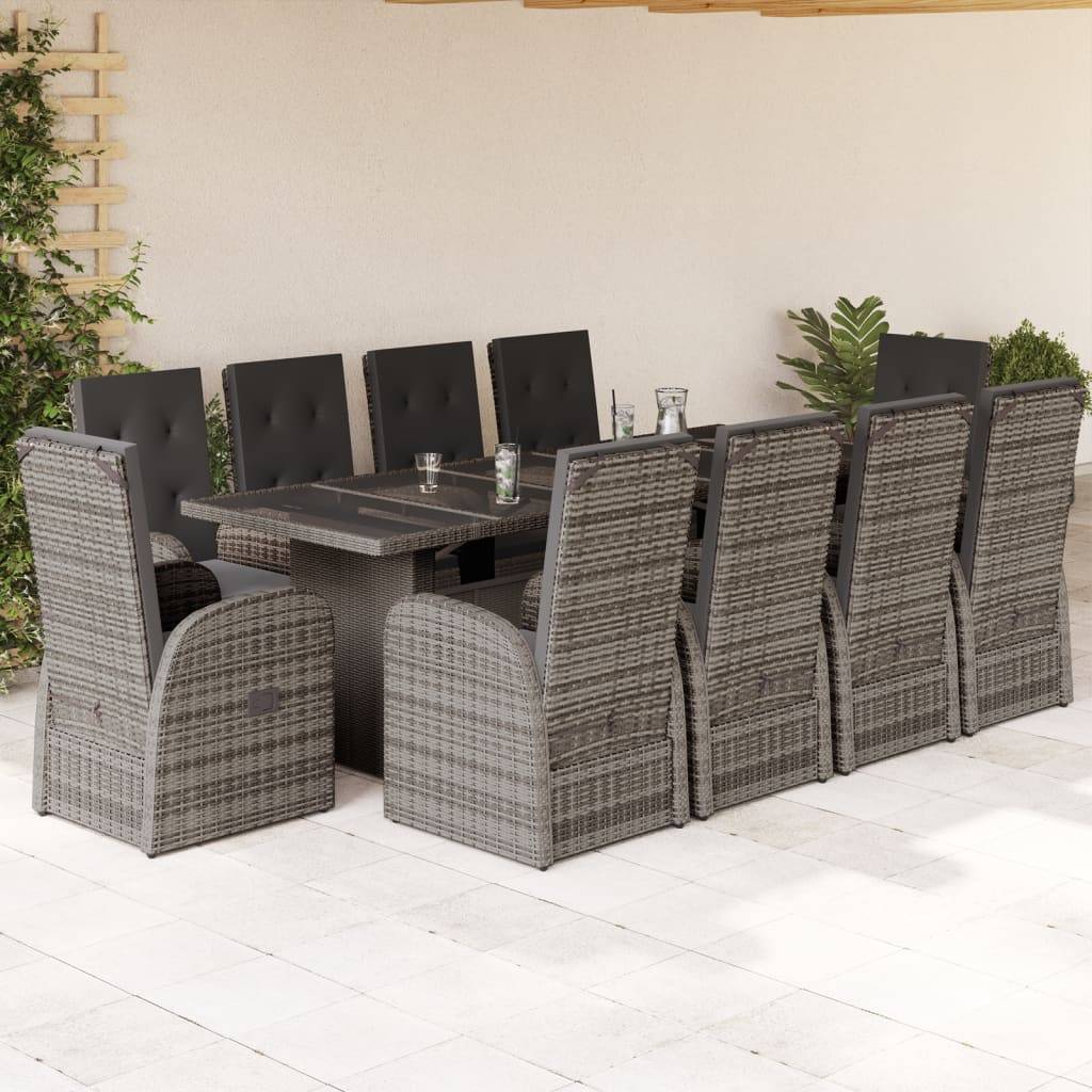 vidaXL 11-tlg. Garten-Essgruppe mit Kissen Grau Poly Rattan