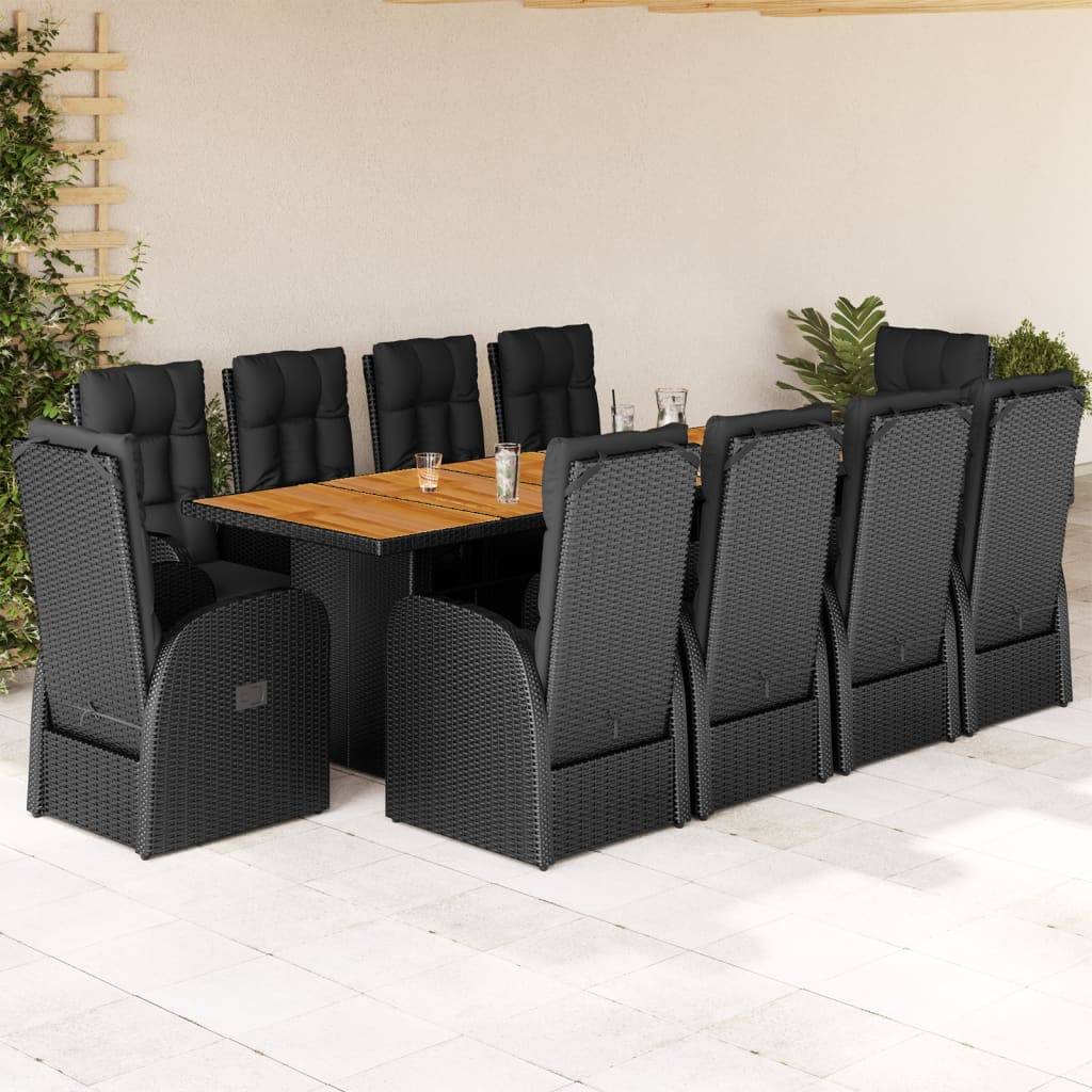vidaXL 11-tlg. Garten-Essgruppe mit Kissen Schwarz Poly Rattan
