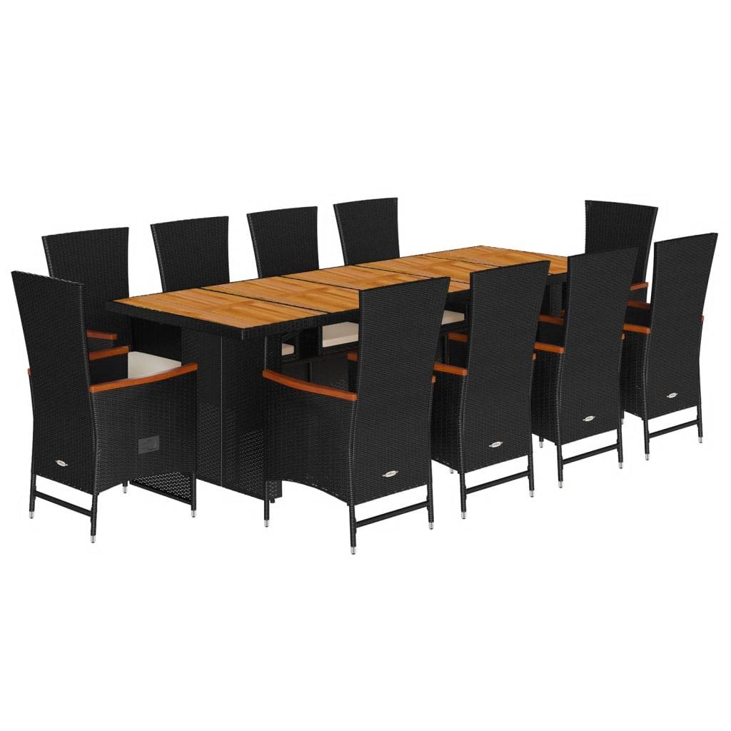 vidaXL 11-tlg. Garten-Essgruppe mit Kissen Schwarz Poly Rattan