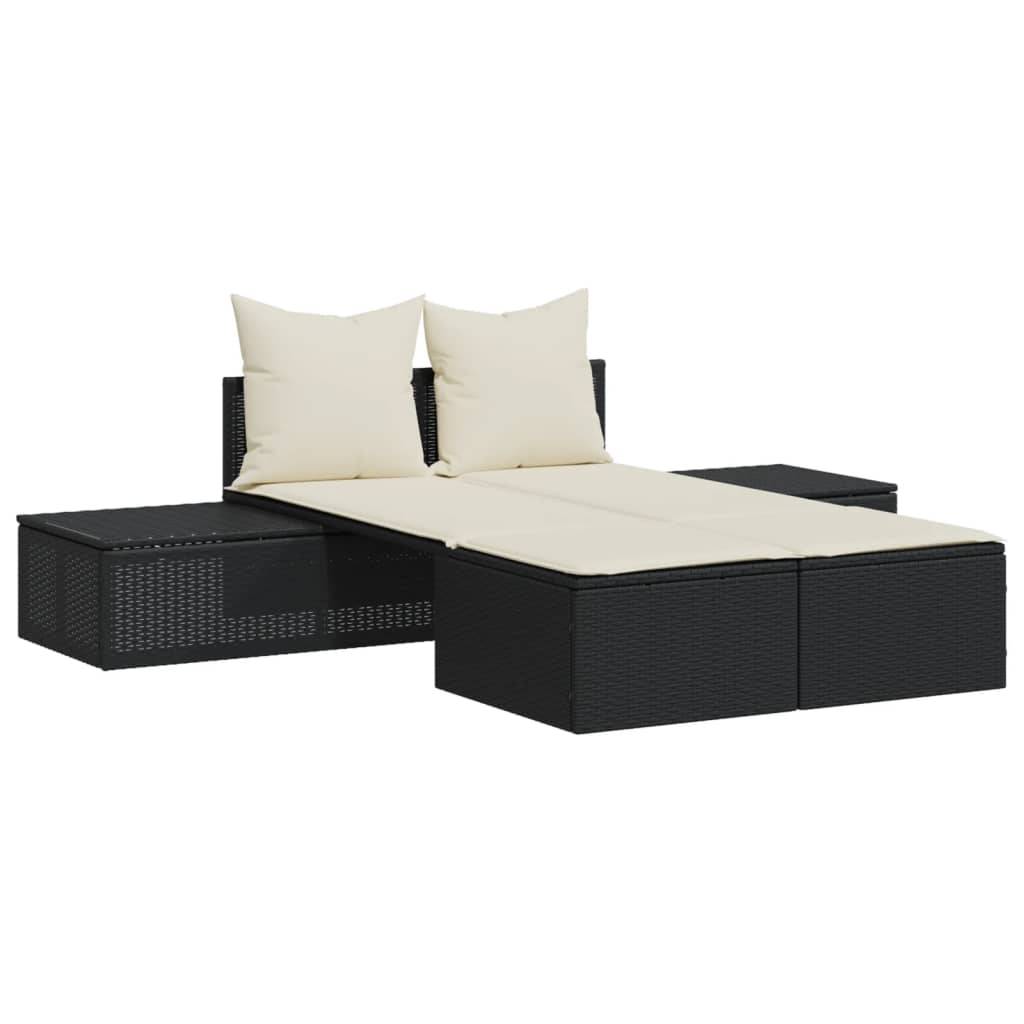 vidaXL Doppel-Sonnenliege mit Kissen Schwarz Poly Rattan