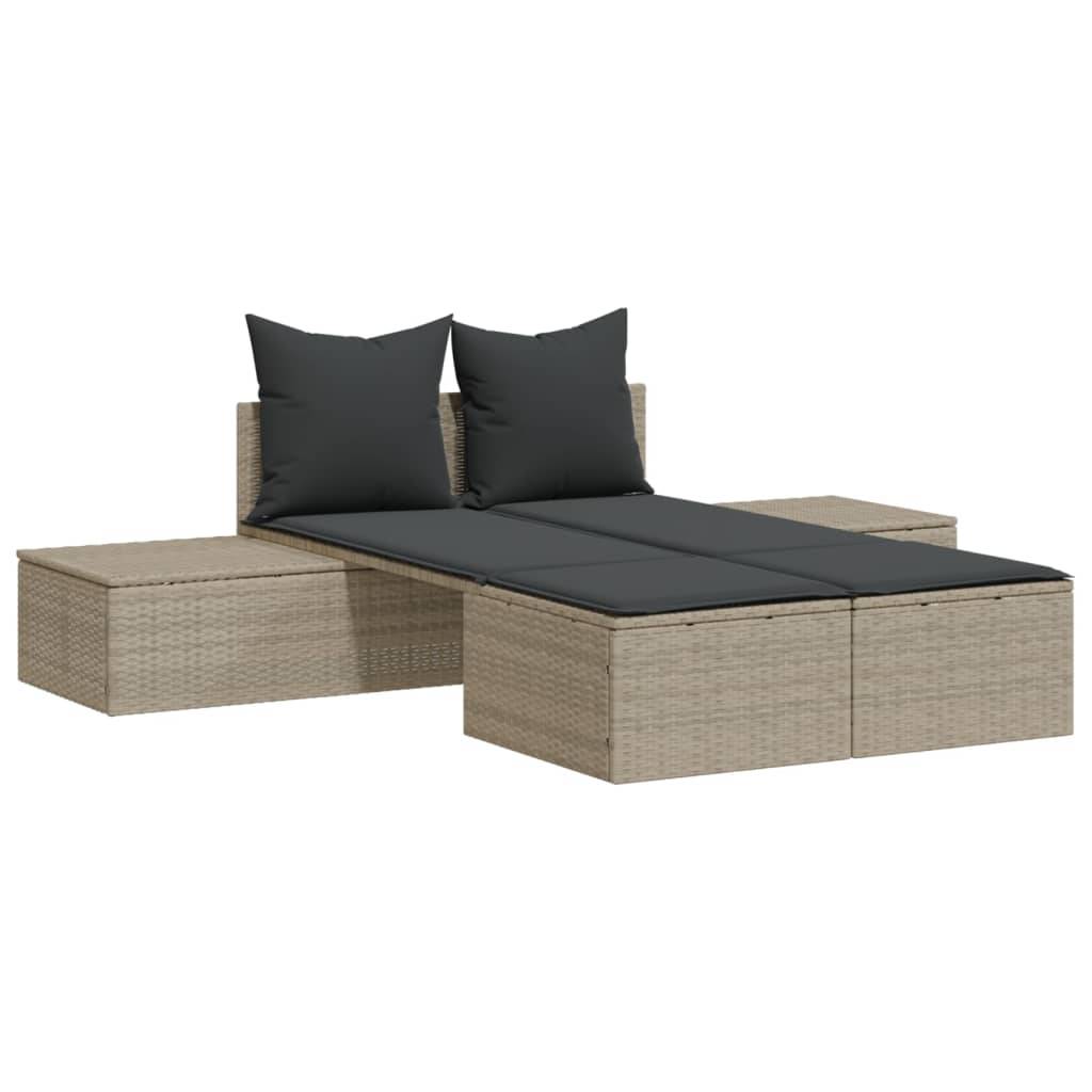 vidaXL Doppel-Sonnenliege mit Kissen Hellgrau Poly Rattan