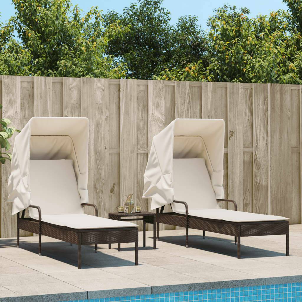 vidaXL Sonnenliegen 2 Stk. mit Dach und Tisch Braun Poly Rattan