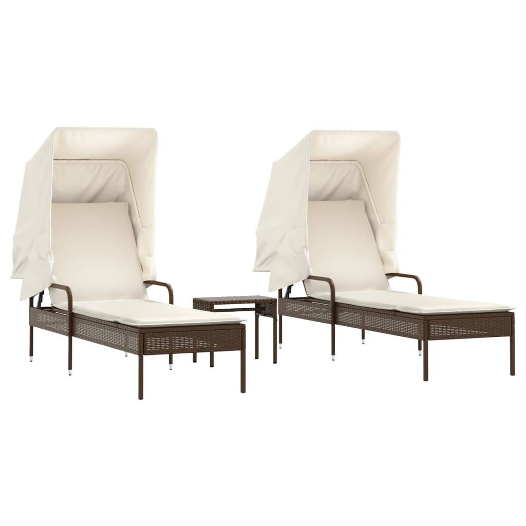 vidaXL Sonnenliegen 2 Stk. mit Dach und Tisch Braun Poly Rattan