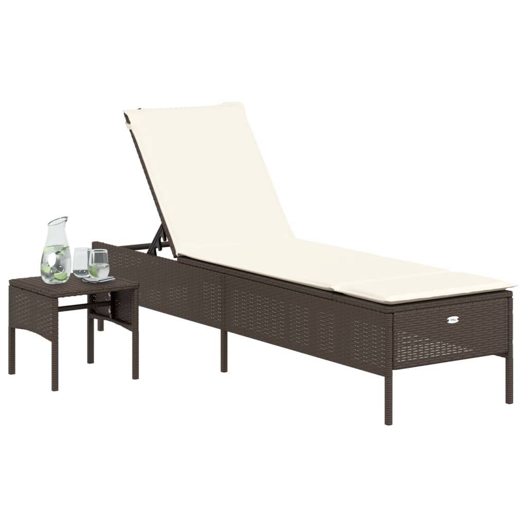 vidaXL Sonnenliege mit Tisch und Auflage Braun Poly Rattan