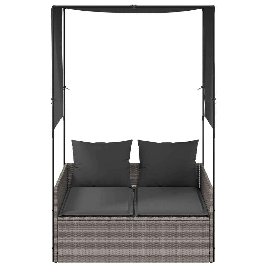 vidaXL Doppel-Sonnenliege mit Dach und Vorhängen Grau Poly Rattan