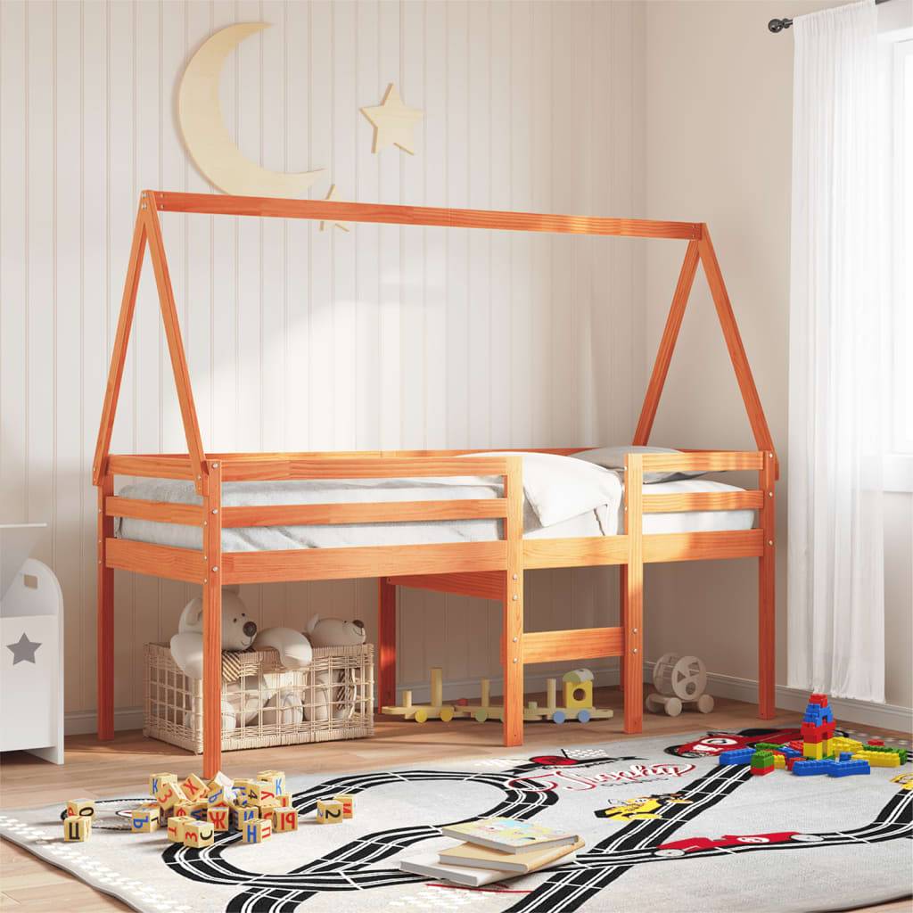 vidaXL Hochbett mit Dach Wachsbraun 90x190 cm Massivholz Kiefer