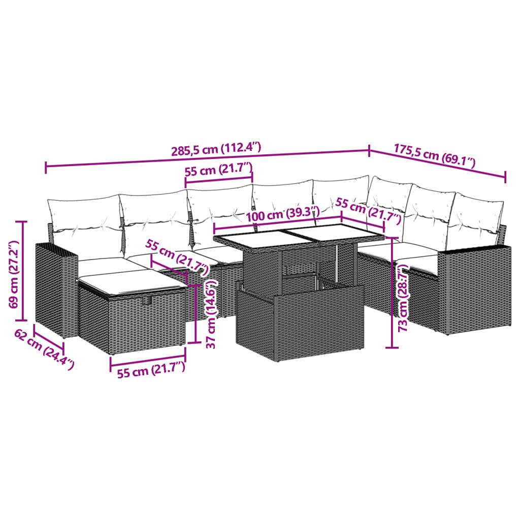 vidaXL 9-tlg. Garten-Sofagarnitur mit Kissen Beige Poly Rattan