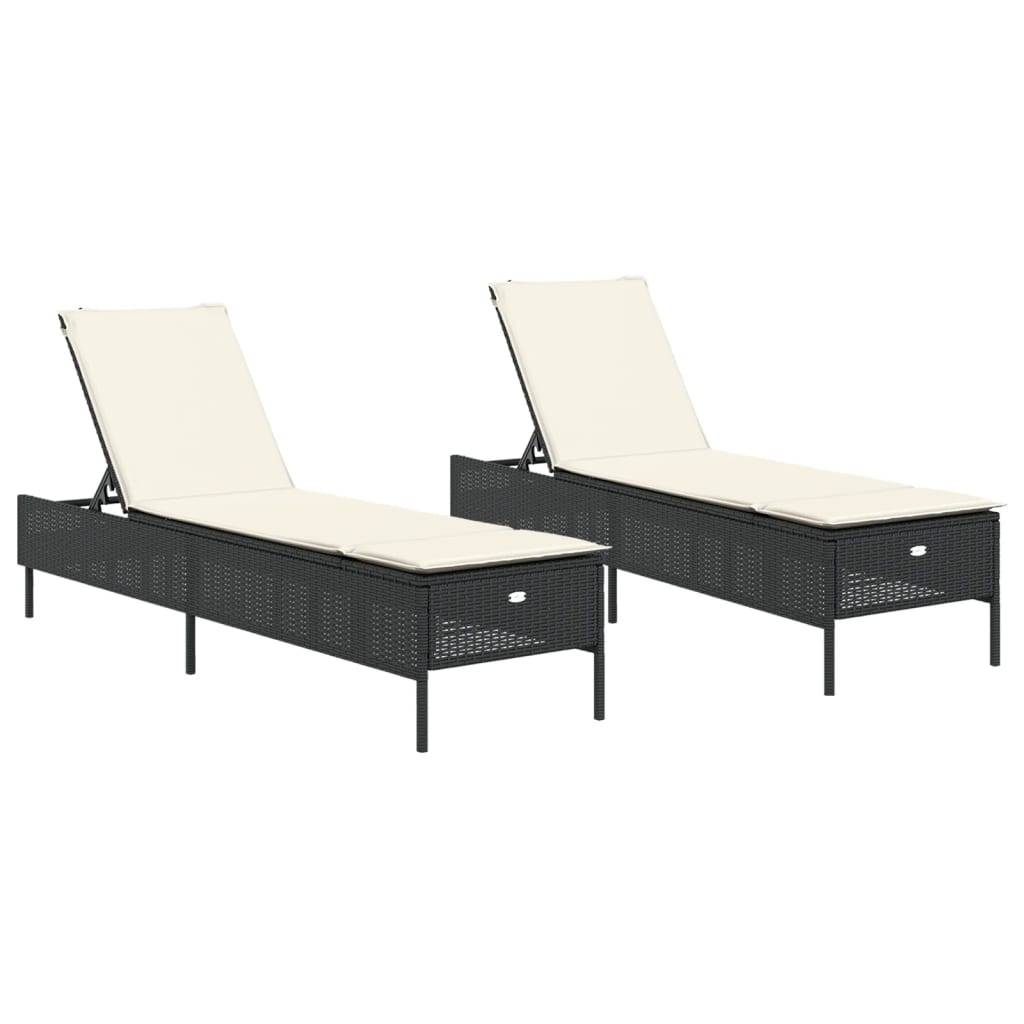 vidaXL Sonnenliegen mit Auflagen 2 Stk. Schwarz Poly Rattan