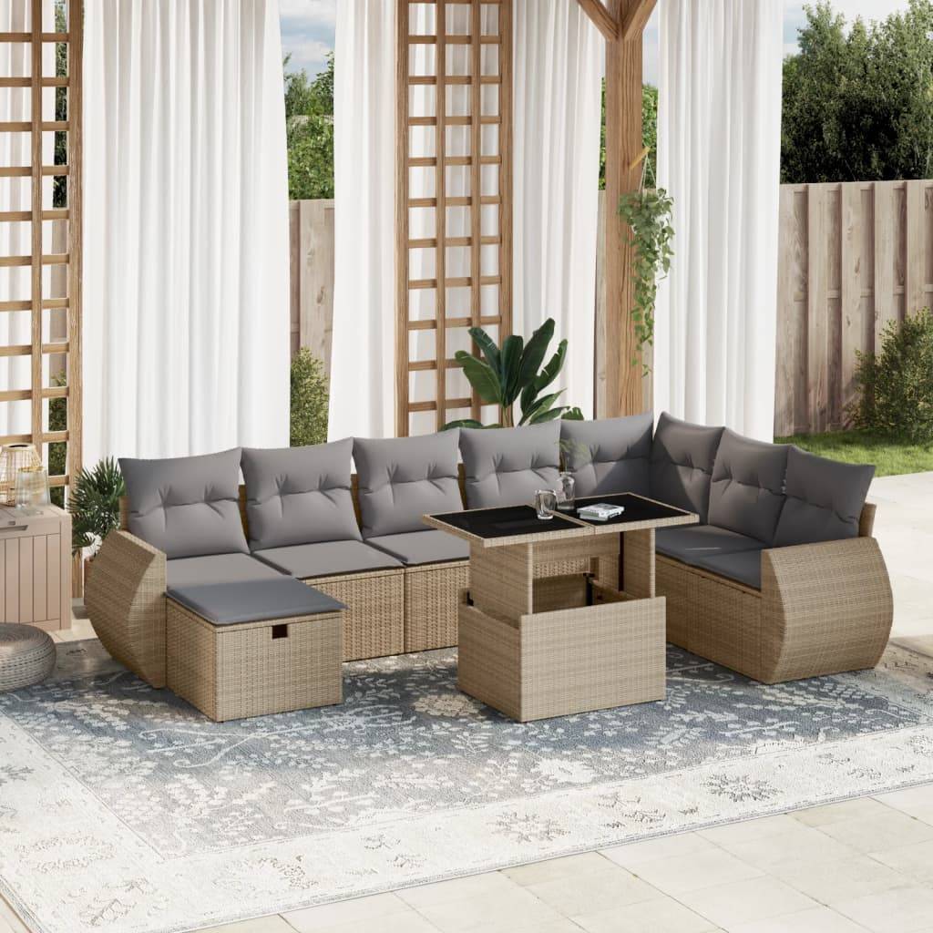vidaXL 9-tlg. Garten-Sofagarnitur mit Kissen Beige Poly Rattan