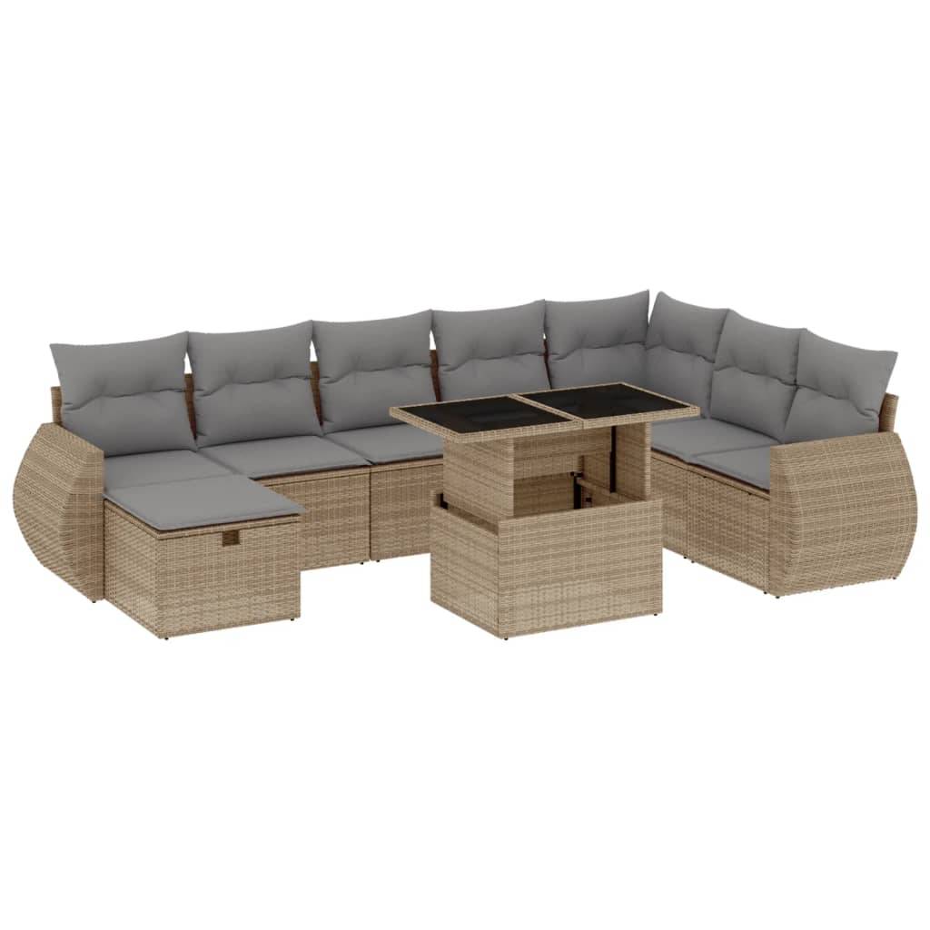vidaXL 9-tlg. Garten-Sofagarnitur mit Kissen Beige Poly Rattan
