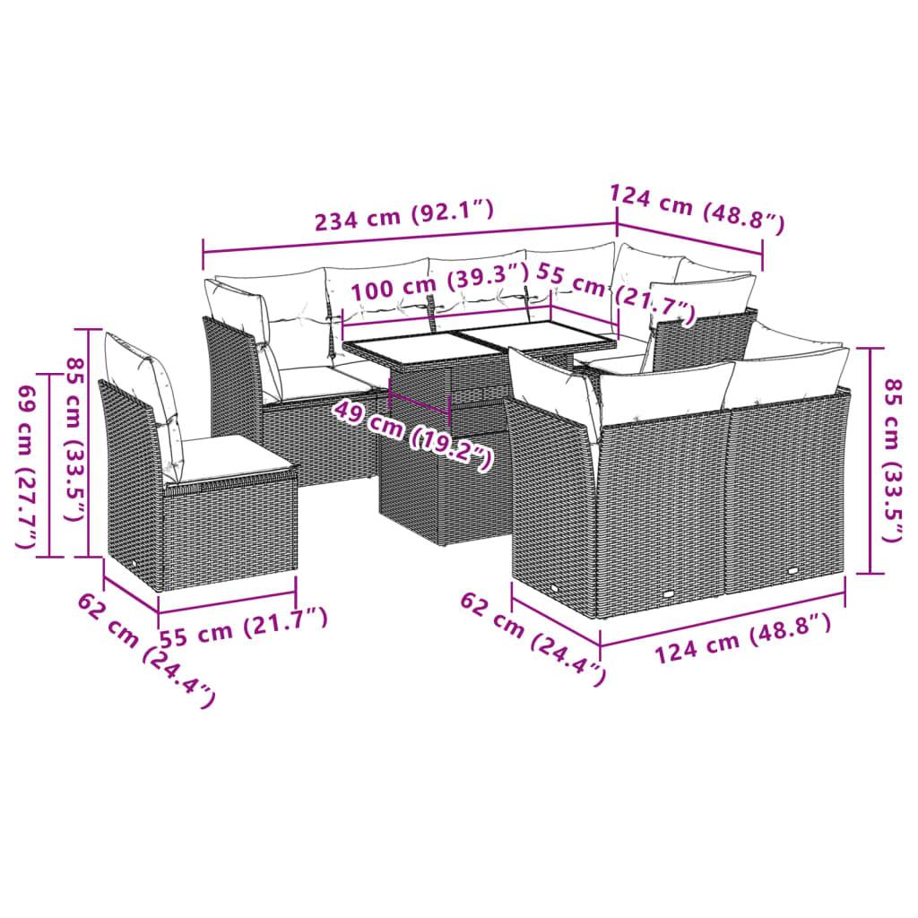 vidaXL 9-teiliges Gartensofa-Set mit Kissen, grau, Polyrattan