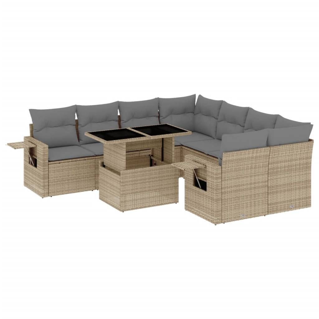 vidaXL 9-tlg. Garten-Sofagarnitur mit Kissen Beige Poly Rattan