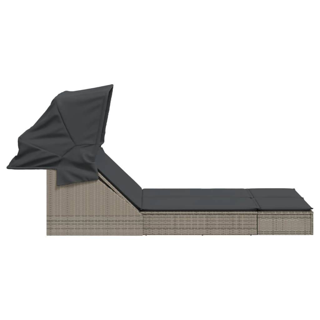 vidaXL Doppel-Sonnenliege mit Dach und Auflagen Grau Poly Rattan