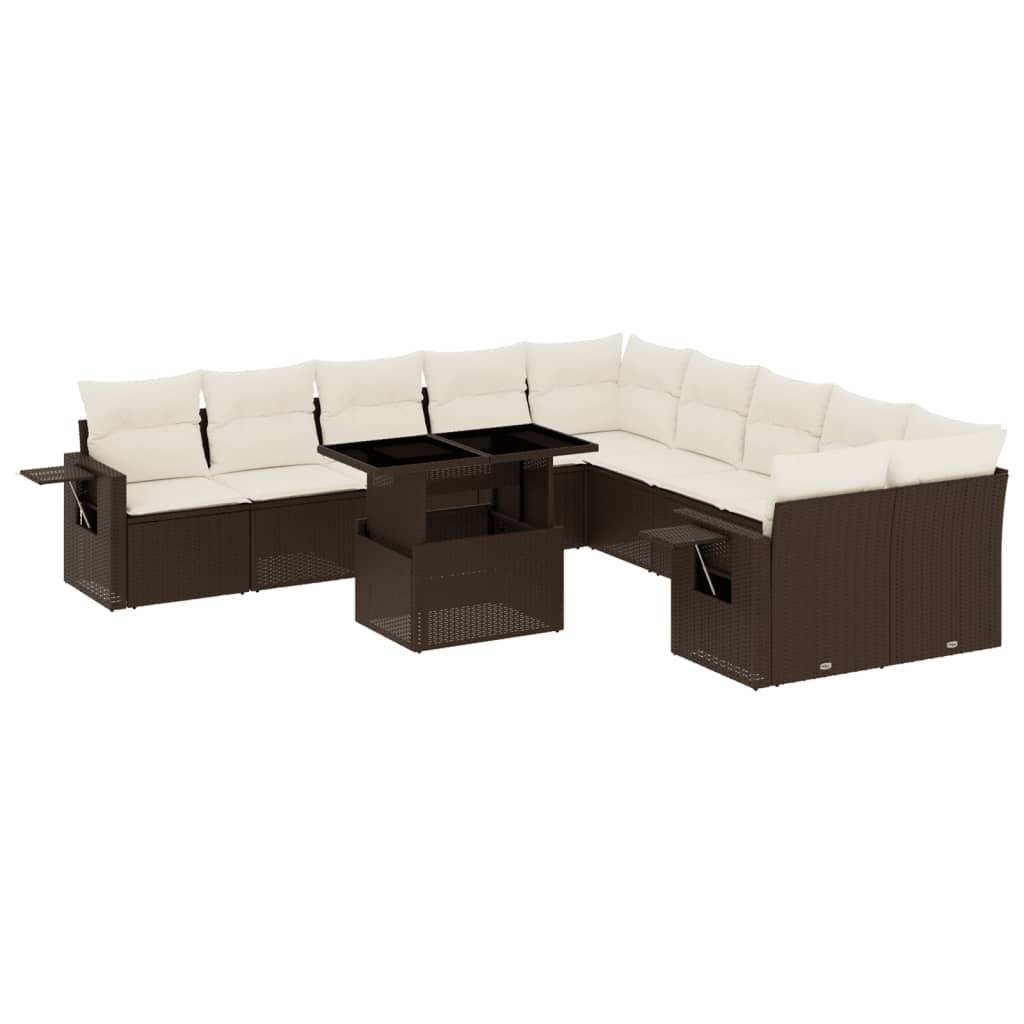 vidaXL 11-tlg. Garten-Sofagarnitur mit Kissen Braun Poly Rattan