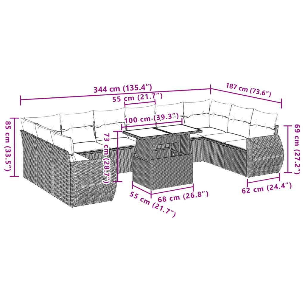 vidaXL 11-tlg. Garten-Sofagarnitur mit Kissen Beige Poly Rattan