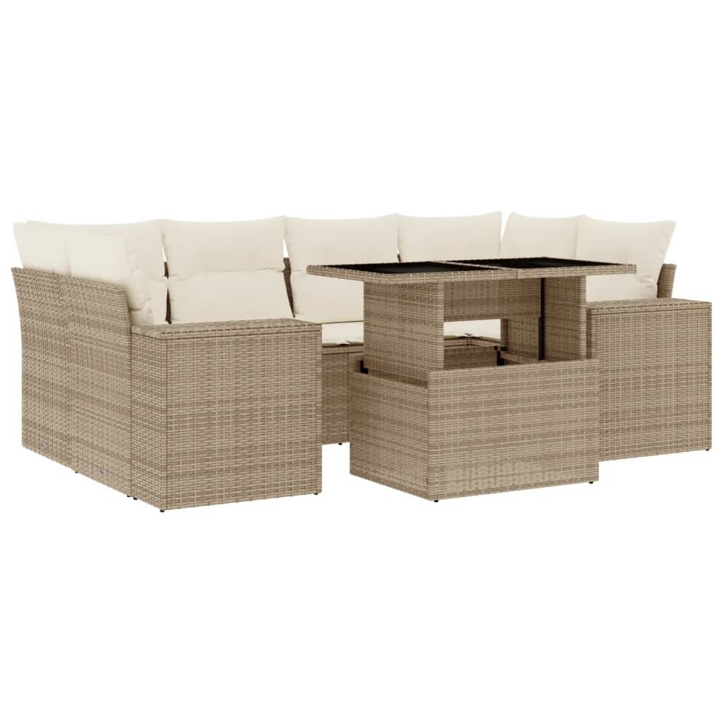 vidaXL 7-tlg. Garten-Sofagarnitur mit Kissen Beige Poly Rattan