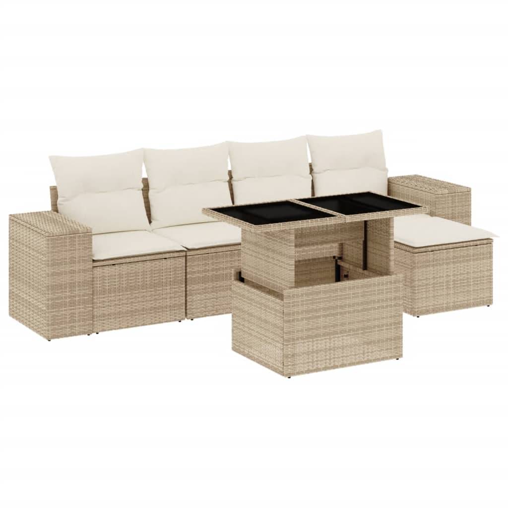 vidaXL 6-tlg. Garten-Sofagarnitur mit Kissen Beige Poly Rattan
